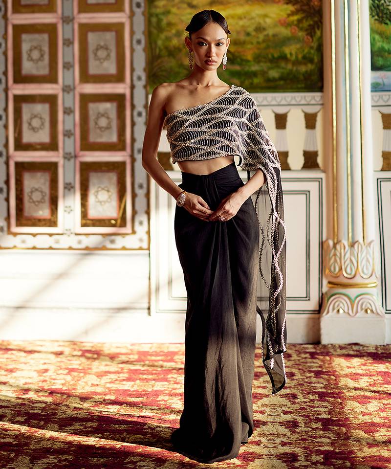 Jet black embroidered organza skirt set