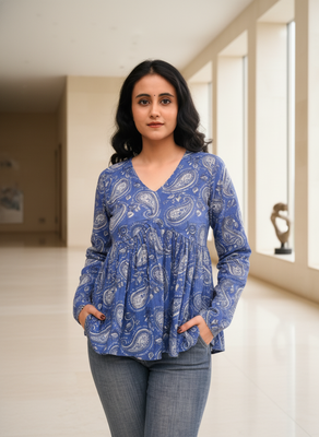 Blue floral printed cotton tunic short kurti top for women 1