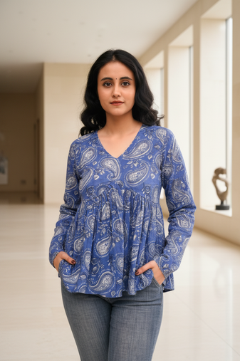Blue floral printed cotton tunic short kurti top for women