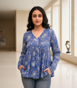 Blue floral printed cotton tunic short kurti top for women