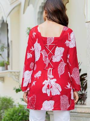 Red floral printed cotton tunic short kurti top for women 4