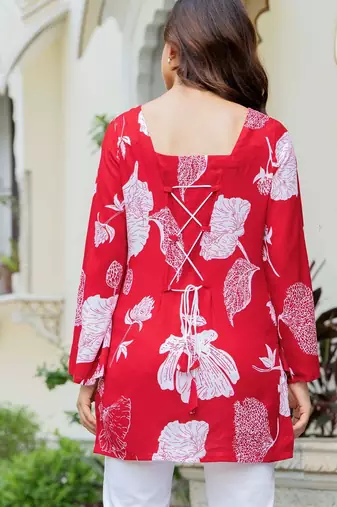 Red floral printed cotton tunic short kurti top for women