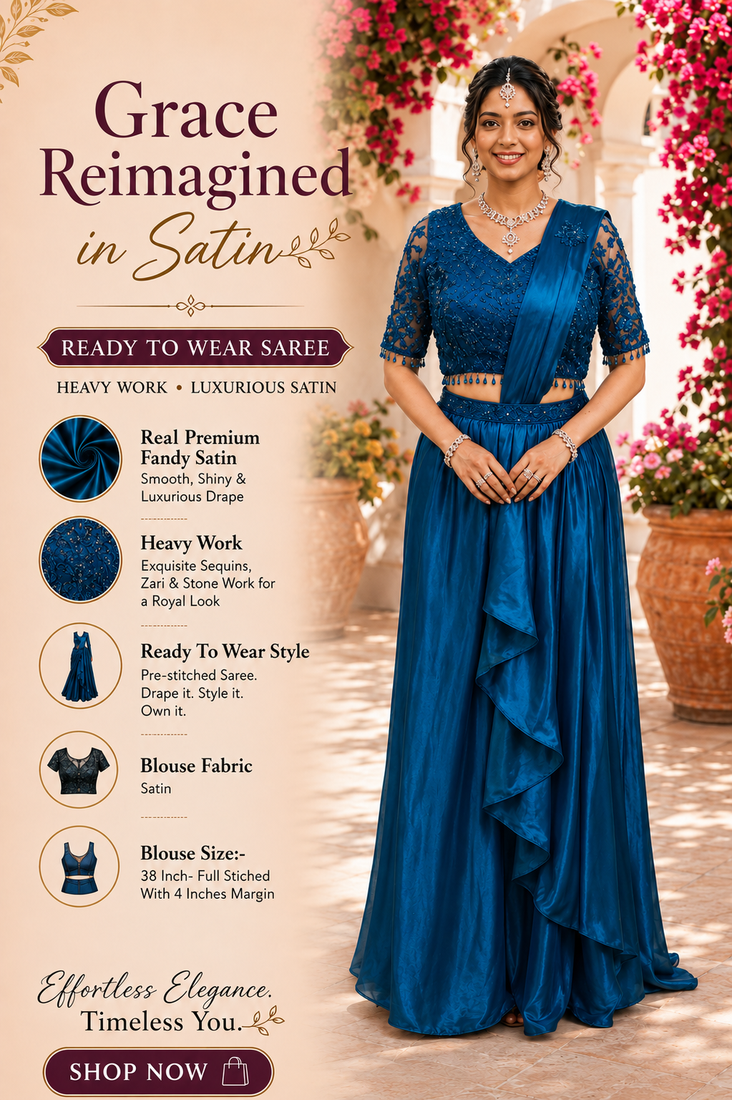 Designer blue fandy satin ready-to-wear saree with embroidered stiched blouse     wedding & party wear