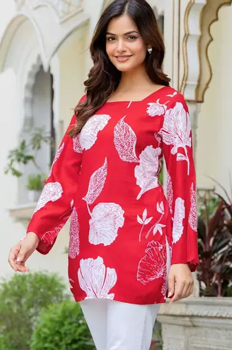 Red floral printed cotton tunic short kurti top for women
