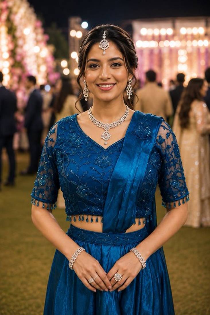 Designer blue fandy satin ready-to-wear saree with embroidered stiched blouse     wedding & party wear