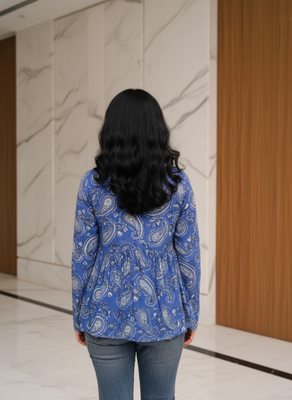 Blue floral printed cotton tunic short kurti top for women 3