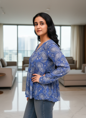 Blue floral printed cotton tunic short kurti top for women 4