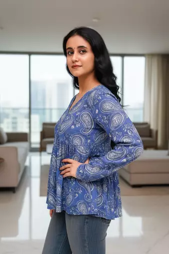 Blue floral printed cotton tunic short kurti top for women