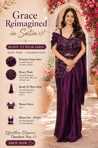 Luxury wine fandy satin ready-to-wear saree with heavy worked  stiched blouse – wedding & party