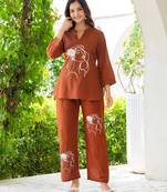 Brown floral printed cotton tunic short kurti top for women