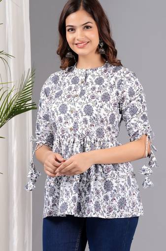 White floral printed cotton tunic short kurti top for women