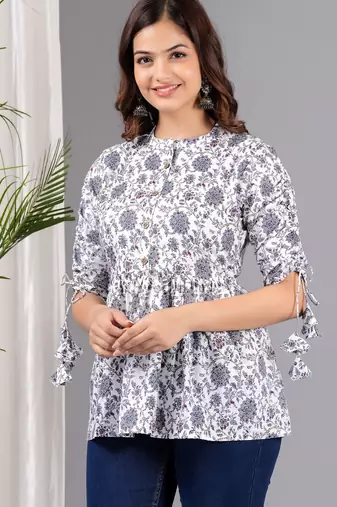 White floral printed cotton tunic short kurti top for women