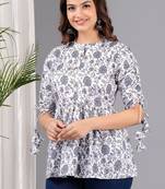 White floral printed cotton tunic short kurti top for women