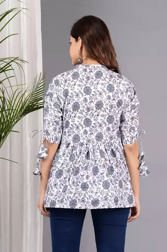 White floral printed cotton tunic short kurti top for women