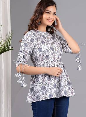 White floral printed cotton tunic short kurti top for women 3