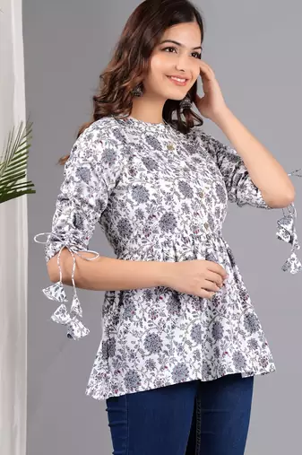 White floral printed cotton tunic short kurti top for women