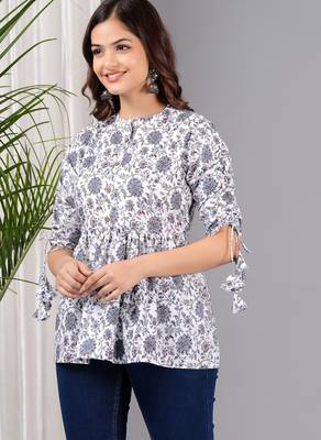 White floral printed cotton tunic short kurti top for women 4