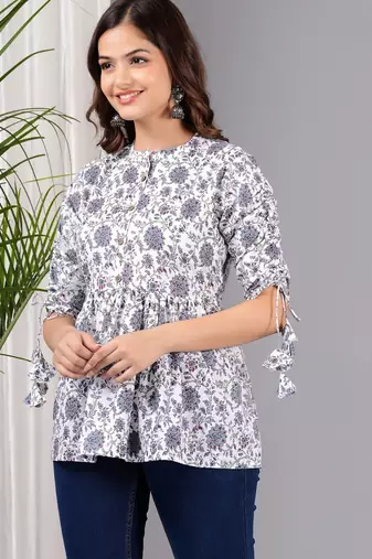 White floral printed cotton tunic short kurti top for women