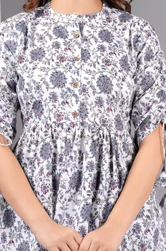 White floral printed cotton tunic short kurti top for women
