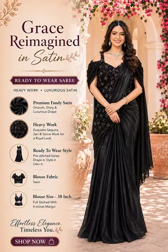 Luxury black fandy satin ready-to-wear saree with heavy worked  stiched blouse     wedding & party