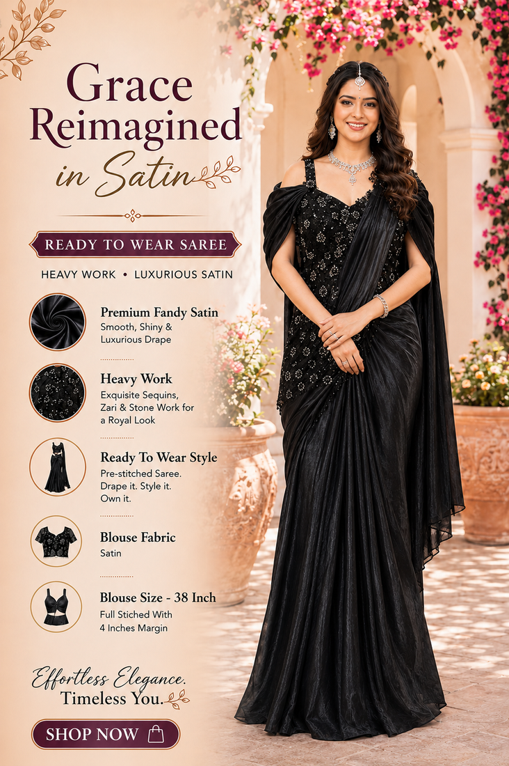 Luxury black fandy satin ready-to-wear saree with heavy worked  stiched blouse     wedding & party