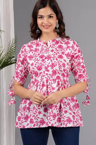 Pink floral printed cotton tunic short kurti top for women