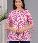Pink floral printed cotton tunic short kurti top for women