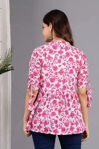 Pink floral printed cotton tunic short kurti top for women