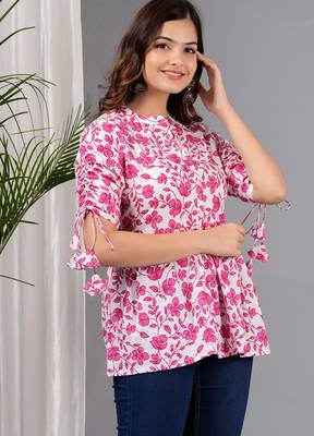 Pink floral printed cotton tunic short kurti top for women 3