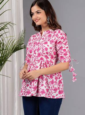 Pink floral printed cotton tunic short kurti top for women 4