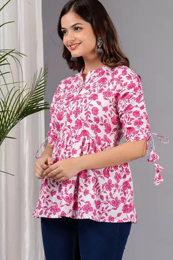 Pink floral printed cotton tunic short kurti top for women