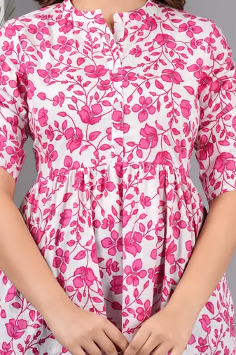 Pink floral printed cotton tunic short kurti top for women