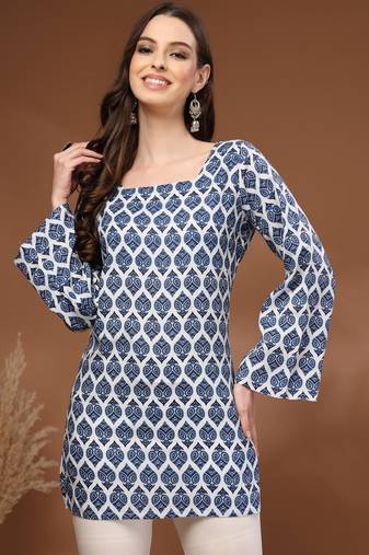 Navy-blue floral printed cotton tunic short kurti top for women