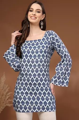 Navy-blue floral printed cotton tunic short kurti top for women