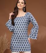Navy-blue floral printed cotton tunic short kurti top for women