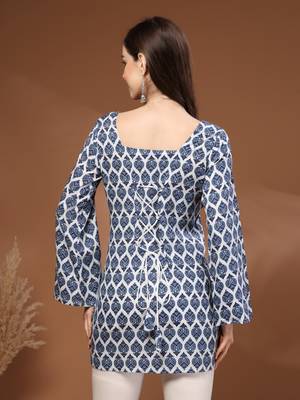 Navy-blue floral printed cotton tunic short kurti top for women 2