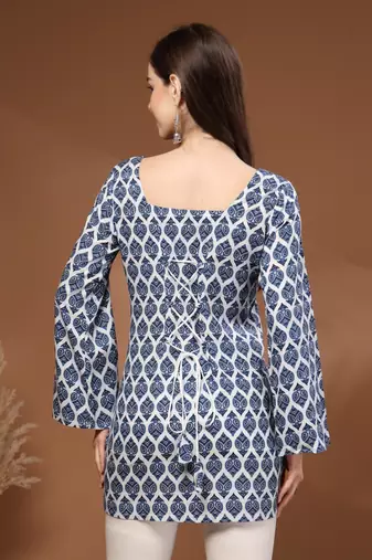 Navy-blue floral printed cotton tunic short kurti top for women