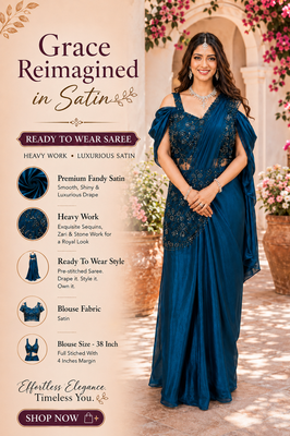 Luxury blue fandy satin ready-to-wear saree with heavy worked  stiched blouse     wedding & party 2