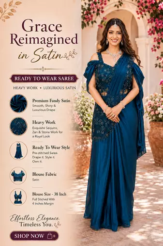 Luxury blue fandy satin ready-to-wear saree with heavy worked  stiched blouse     wedding & party