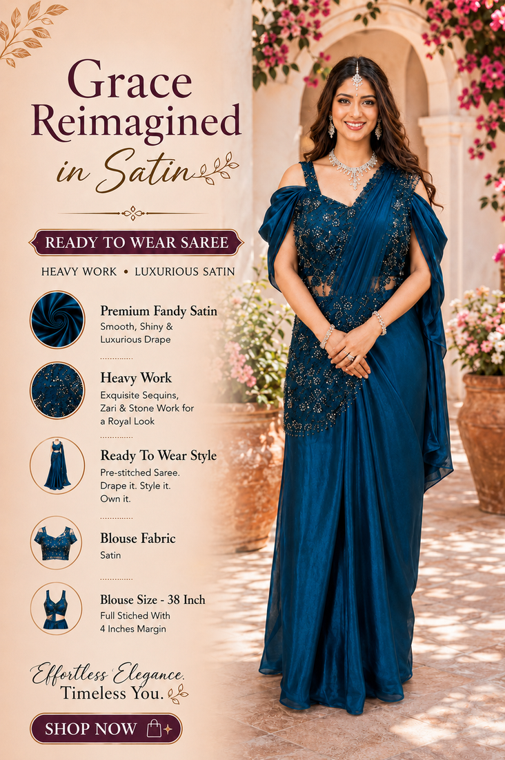 Luxury blue fandy satin ready-to-wear saree with heavy worked  stiched blouse     wedding & party