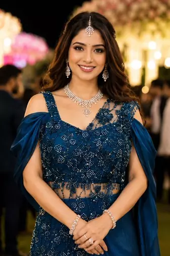 Luxury blue fandy satin ready-to-wear saree with heavy worked  stiched blouse     wedding & party
