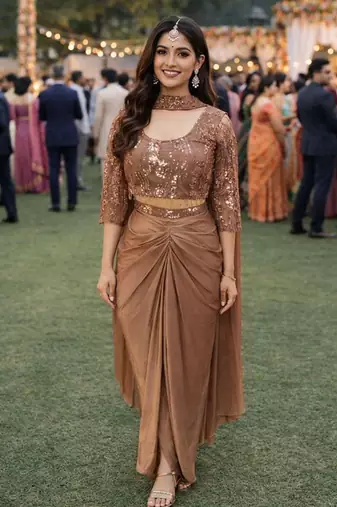 Designer brown premium lycra ready-to-wear saree with sequins embroidered stiched blouse