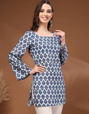 Navy-blue floral printed cotton tunic short kurti top for women 4