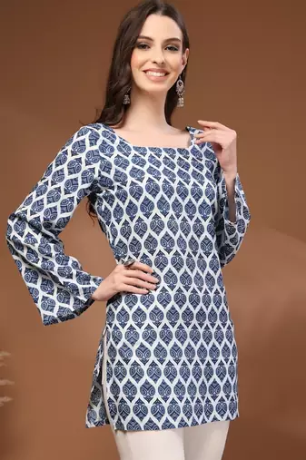 Navy-blue floral printed cotton tunic short kurti top for women