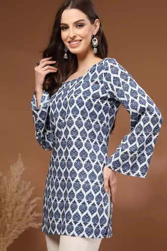 Navy-blue floral printed cotton tunic short kurti top for women