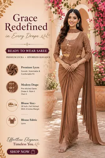 Designer brown premium lycra ready-to-wear saree with sequins embroidered stiched blouse