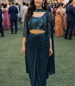 Designer teal blue premium lycra ready-to-wear saree with sequins embroidered stiched blouse