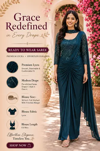 Designer teal blue premium lycra ready-to-wear saree with sequins embroidered stiched blouse