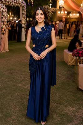 Trending blue premium satin crush ready-to-wear saree with heavy worked stiched blouse     wedding & party wear 1