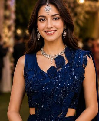 Trending blue premium satin crush ready-to-wear saree with heavy worked stiched blouse     wedding & party wear 3